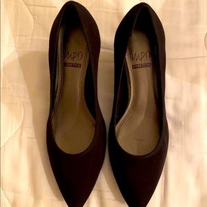 Black fabric kitten heels